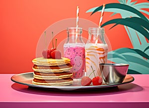 Stack of fluffy pancakes and a strawberry milkshake isolated on orange background and pink table