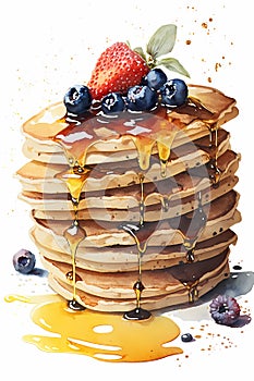 Stack of fluffy pancakes topped with berries and maple syrup
