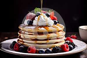 Stack fluffy pancakes topped with syrup, berries, and a dollop of whipped cream. Morning vibes for sweet food lovers