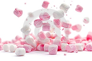 A stack of fluffy pink and white marshmallows on a clean white surface