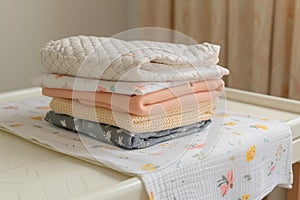 stack of folded baby garments on a changing table