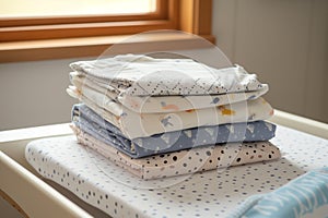 stack of folded baby garments on a changing table