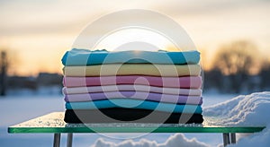 Stack of Folded Clothes in Winter Sunset