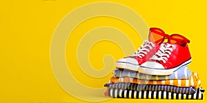Stack folded colorful clothing summer and red sneakers, sunglasses