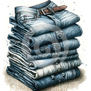 Stack of folded denim pants, material for recycling and reuse. Watercolor illustration.