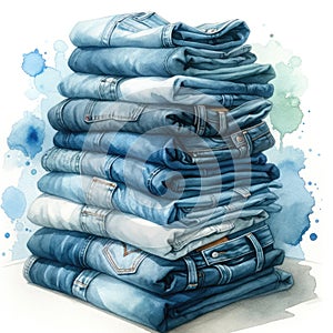 Stack of folded denim pants, material for recycling and reuse. Watercolor illustration.