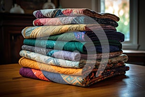 stack of folded handmade quilts in various patterns