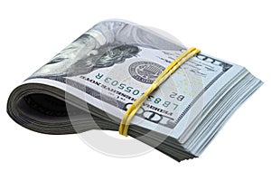 Stack of folded hundred dollar bills isolated