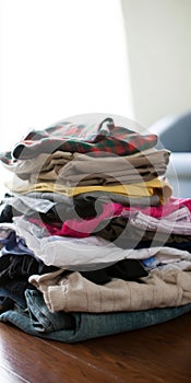 Stack of folded laundry items on wooden floor