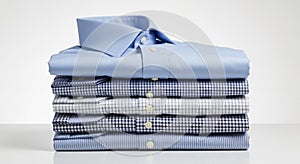 Stack of Folded Men's Dress Shirts in Various Blue Patterns men's shirts folded shirts