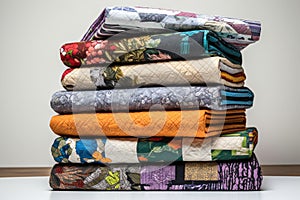 stack of folded quilts showcasing various designs