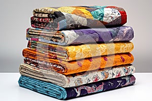 stack of folded quilts showcasing various designs
