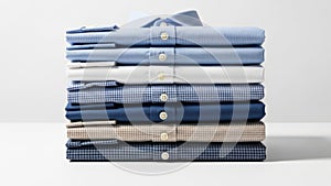 Stack of folded shirts in various blue patterns isolated on white background