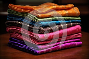 a stack of folded silk sarees in vibrant hues
