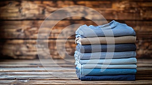 Stack of Folded T-Shirts on Wooden Surface