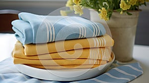 a stack of folded towels on a plate next to a potted plant and a vase with yellow flowers on a white table cloth with blue and