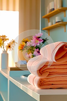 Stack of folded towels sitting on top of bathroom counter next to vase of flowers. Generative AI