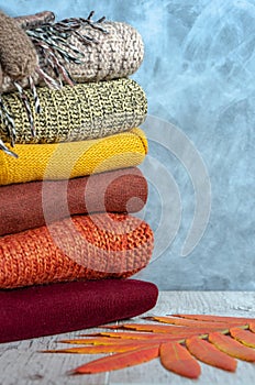 Stack of folded knitted women`s sweaters in warm colors, scarf, gloves and autumn leaves on gray background. Copy space