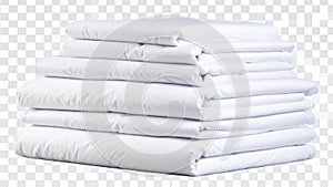 Stack of folded white bed sheets on transparent background for design elements