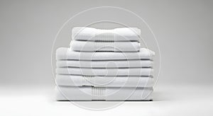 Stack of folded white towels on a white surface against a light gray background