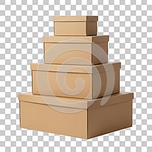 Stack of four brown cardboard boxes isolated on transparent background