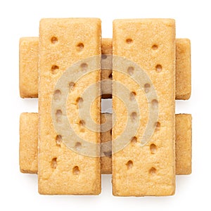 Stack of four butter shortbread finger biscuits from above photo