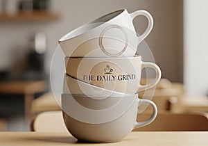 A stack of four ceramic coffee cups is arranged on a table. The