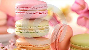 A stack of four different colored macarons. Generative AI