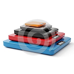Stack of Four Digital Kitchen Scales in Different Colors digital scales weighing