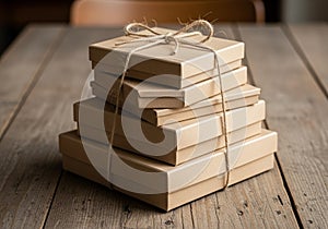 A stack of four neatly wrapped, rectangular cardboard boxes on a