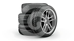 Stack of Four New Black Car Tires on a White Background Showcasing Modern Automotive Designs. Perfect for Vehicle