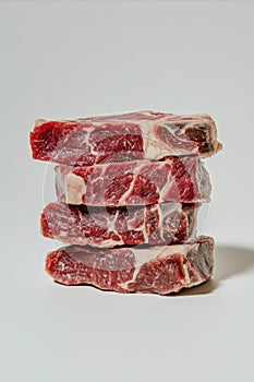 Stack of Four Raw Premium Beef Steaks on White Background
