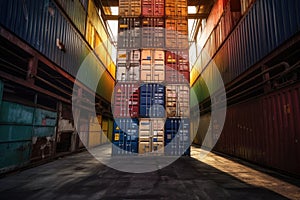 stack of freight containers at industrial warehouse