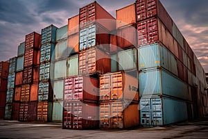 stack of freight containers at industrial warehouse