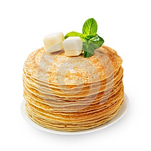 Stack of fresh baked pancakes isolated on white