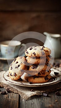 Stack of Fresh Chocolate Chip Cookies with Milk in Rustic Setting