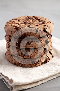 Stack of Fresh Dark Chocolate Chip Cookies, side view. Close-up