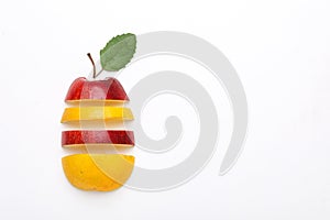 Stack of fresh fruits citrus slices, apple, orange or lemon. Colorful healthy fitness creative fun food concept. Mixed citrus