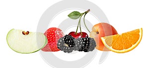 A stack of fresh ripe summer fruits and berries isolated on white background. Blackberry, apple, strawberry, apricot, cherry, oran