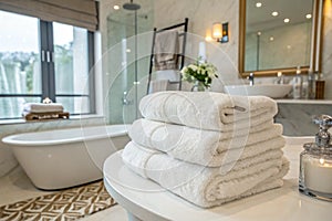 Spa towel stack on white table in bathroom photo