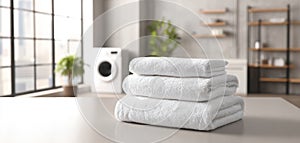 The stack of fresh white towels in a modern laundry room setting. AI generated image