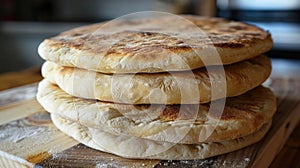 Stack of freshly baked flatbread on a wooden surface