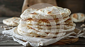 Stack of freshly baked flatbread on a wooden surface