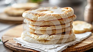 Stack of freshly baked flatbread on a wooden surface