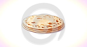 Stack of freshly baked flatbreads with brown, toasted spots, isolated on white