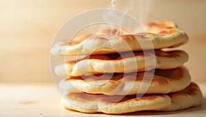 A stack of freshly baked flatbreads with steam rising on a wooden surface in a warm light setting