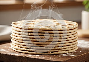 A stack of freshly baked flatbreads is on a wooden surface,