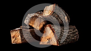 Stack of freshly chopped firewood logs with rough bark for rustic decor or heating
