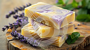 Stack of freshly cut, homemade soap bars with swirls of lavender and mint, placed on wooden surface. Aromatic herbal