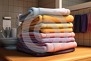 stack of freshly folded towels in a bathroom